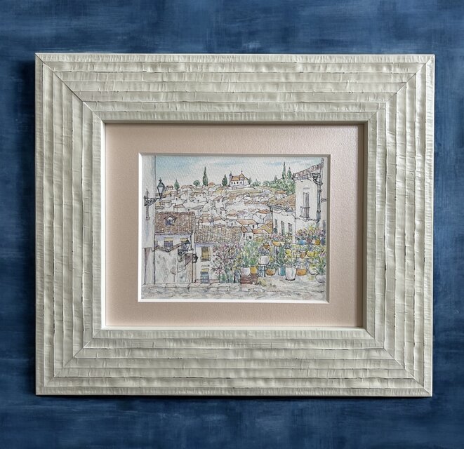 アンダルシアの白い町アンテケラ(スペイン、アンダルシア、原画、透明水彩、額付き)