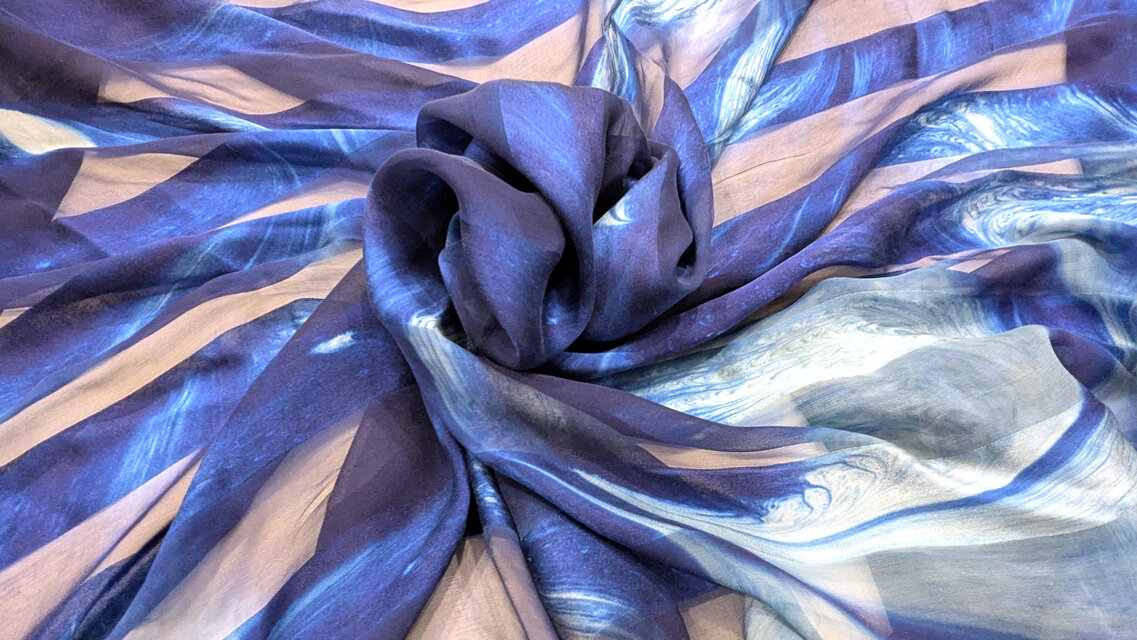 【染美堂】墨流し染サテンストライプストール大 青羽柄_LL20