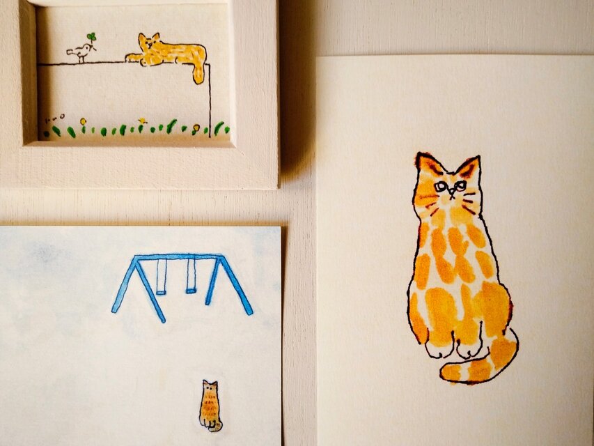 茶トラ猫セット【ミニ額入り複製原画1点 ｜ポストカード2種】猫 猫の日