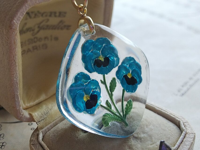 ヴィンテージ AquaブルーのパンジーFlowerインタリオGlass（34