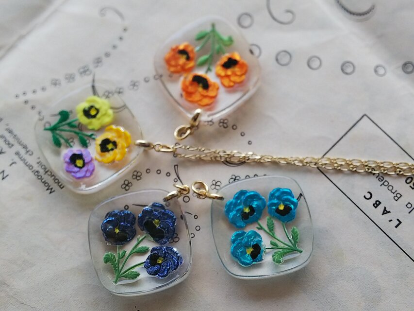 ヴィンテージ AquaブルーのパンジーFlowerインタリオGlass（34