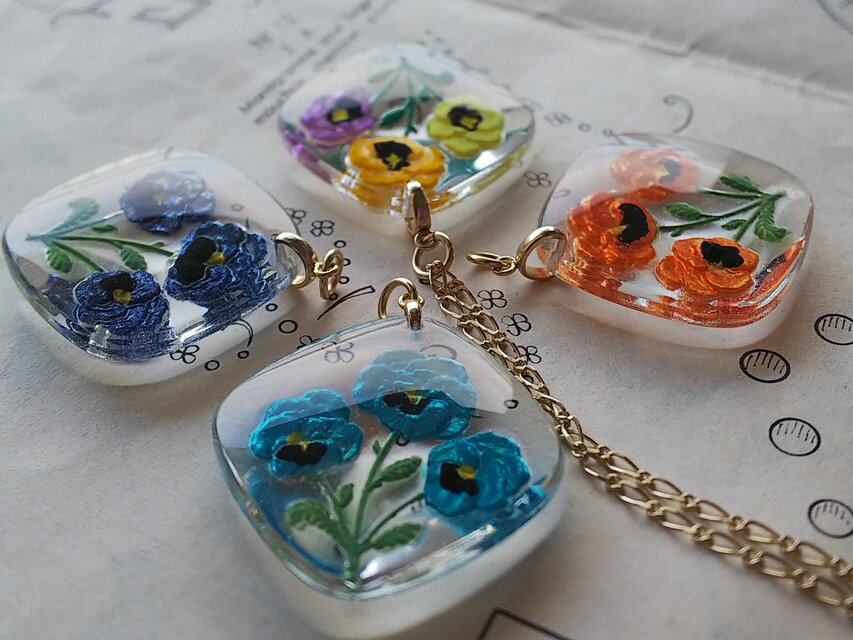 ヴィンテージ AquaブルーのパンジーFlowerインタリオGlass（34