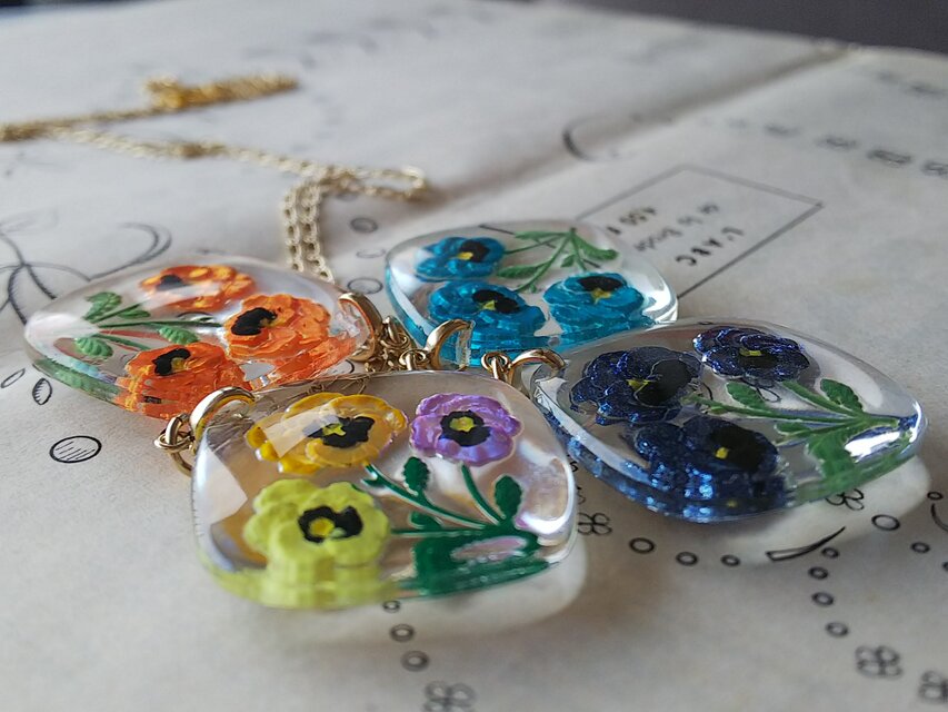 ヴィンテージ AquaブルーのパンジーFlowerインタリオGlass（34 