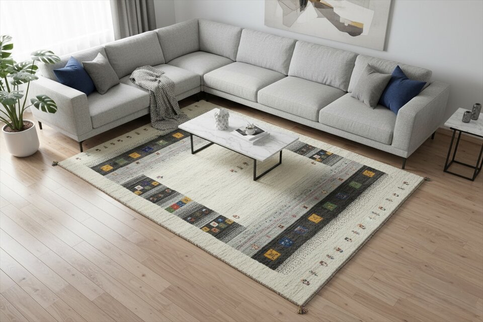 ペルシャ ギャッベ　リビング　ラグ　223×180cm　パネル柄　アイボリー　グレー RJ8233s