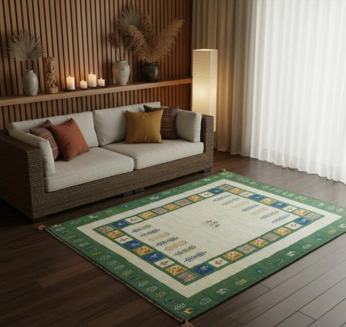 ペルシャ ギャッベ　リビング　ラグ　195x150cm　緑色　ベージュ　パネル　 RJ6410s