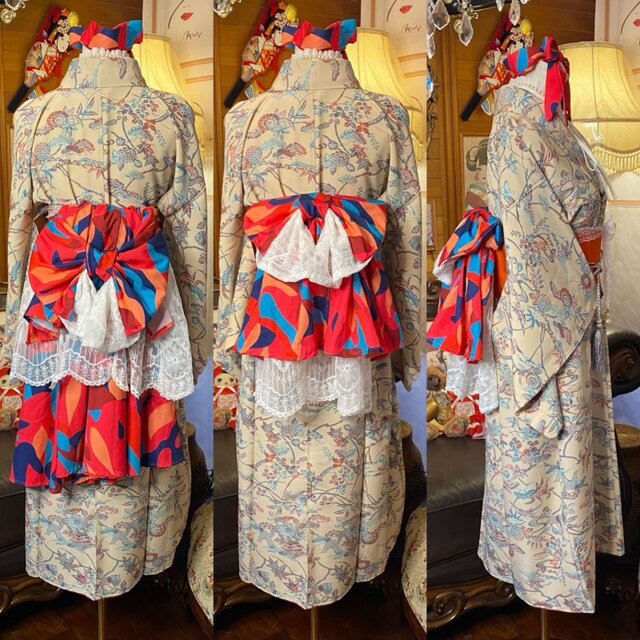着物 ワンピース ドレス ハンドメイド リメイク 重ね衿 襟 帯 和洋折衷