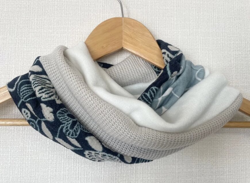 秋冬物BWBブルーホワイトボタニカル柄&フラワーハンドメイドネックウォーマー