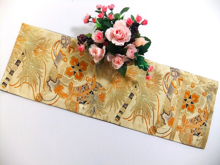 16)2177】90cm/笛鼓文様/テーブルセンター/和風・帯リメイク/日本のお