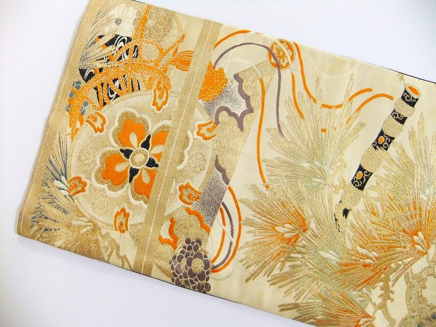 16)2177】90cm/笛鼓文様/テーブルセンター/和風・帯リメイク/日本のお