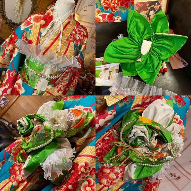 振袖 着物 ロングワンピース ドレス 2部式ローズ/バラ作り帯 リメイク