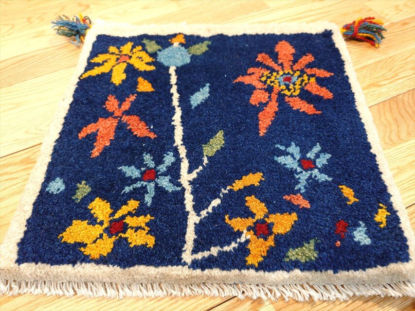 ペルシャ ギャッベ ミニマット 40x38㎝ 花 紺色 T5393G | iichi
