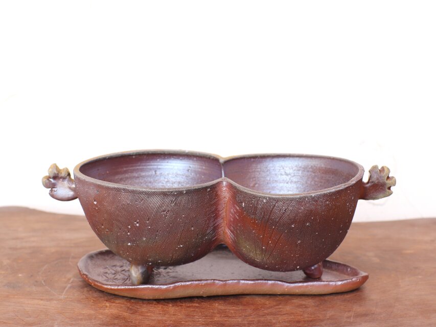 備前焼 植木鉢・大【受皿付き】 u-070