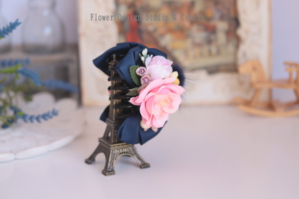 ピンクの薔薇と黄色いお花のバンスクリップ 髪飾り ヘアクリップ