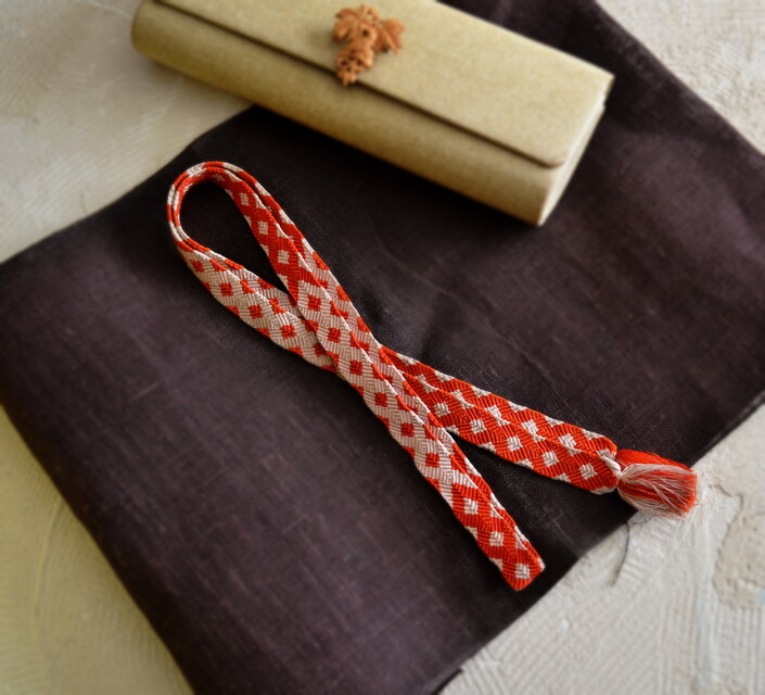 アンティーク帯締め　朱色×淡い桃色　幅広　モダン柄　成人式　アンティーク着物