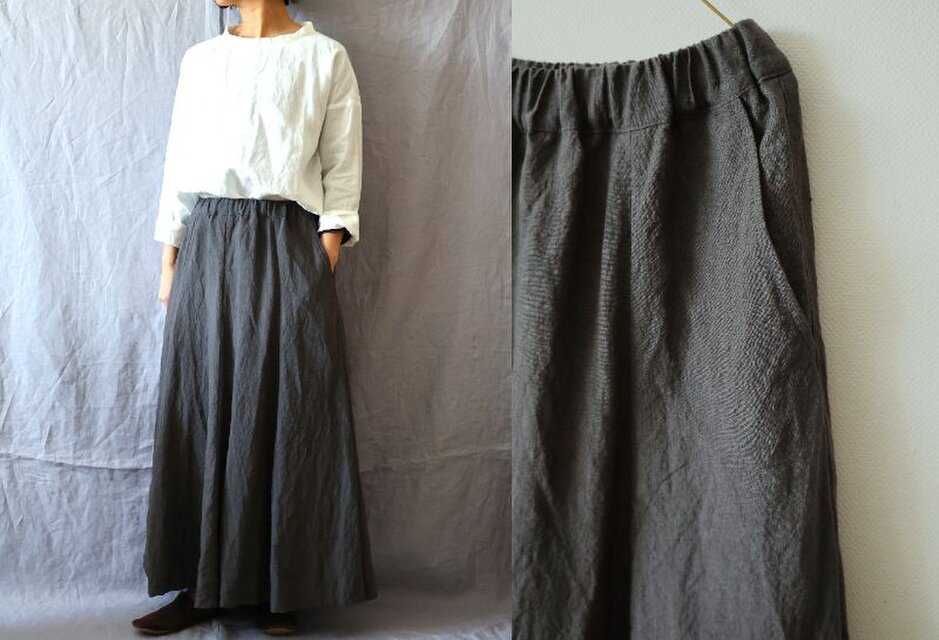 【受注制作】濃チャコールグレー/天日干し40リネン　 フレアースカート