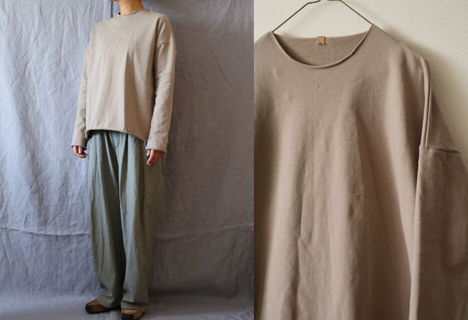 【受注制作】ベージュ/コットンストレッチ裏毛　切りっぱなしTトレーナー