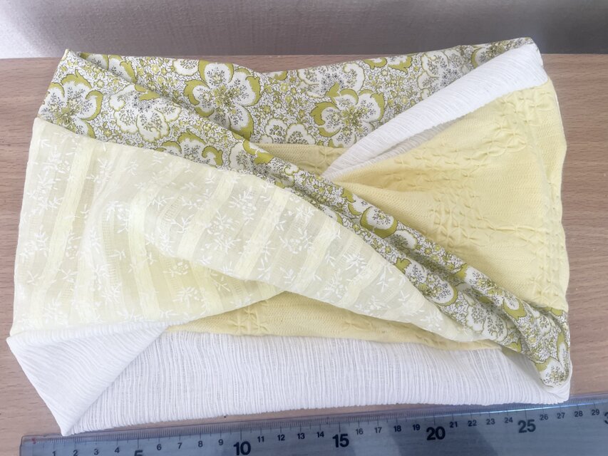 春夏ターバン兼用イエロー・ホワイトボタニカル柄ネックウォーマー