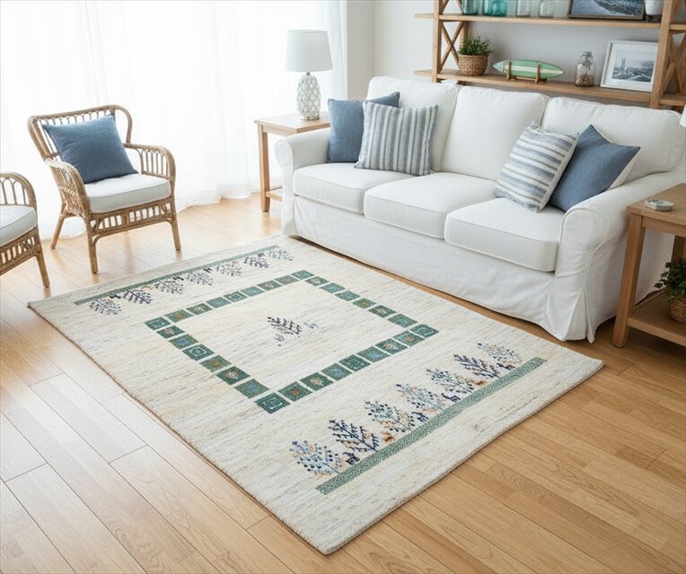 ペルシャ ギャッベ　リビング　ラグ　195x150cm　ベージュ　ベージュ　ザクロの木　RJ1144G