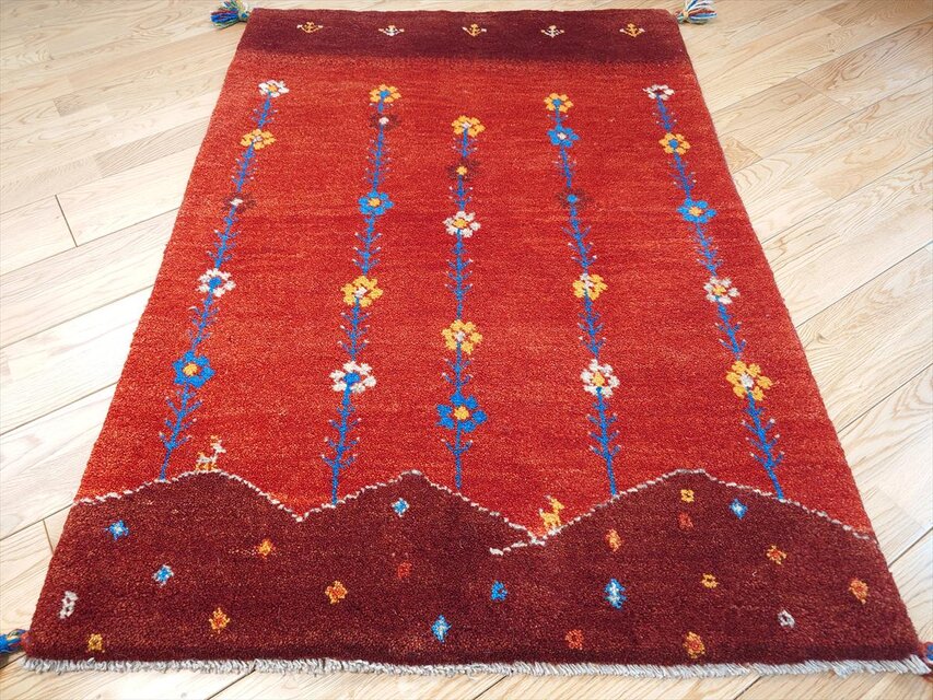 ペルシャ ギャッベ 玄関マット大 ウール 118x85cm 茜色 花 丘 RD2176G