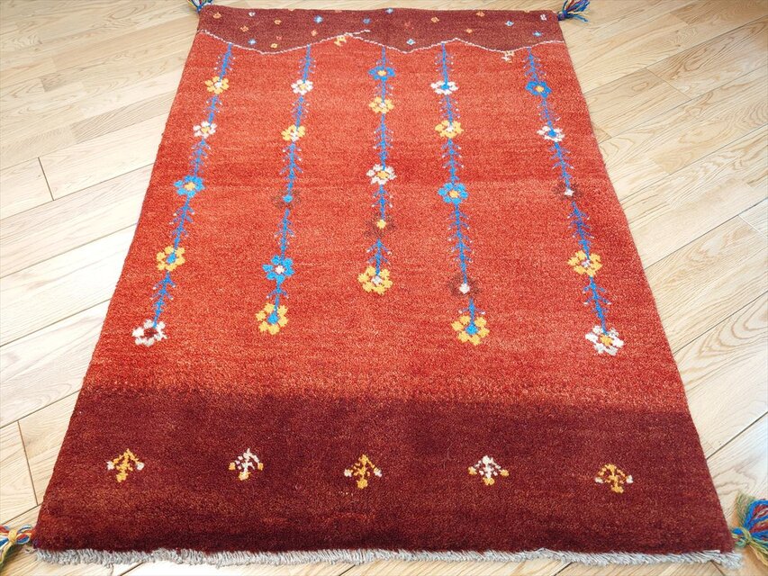 ペルシャ ギャッベ 玄関マット大 ウール 118x85cm 茜色 花 丘 RD2176G