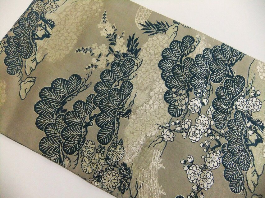 16)2210】91cm/アンティーク帯・笠松文様/テーブルセンター/和風・帯