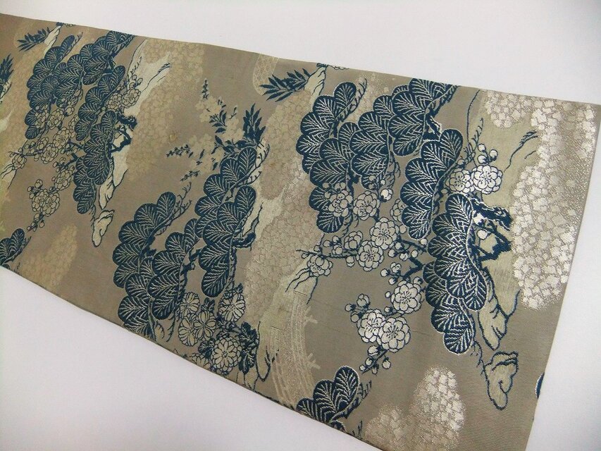 16)2210】91cm/アンティーク帯・笠松文様/テーブルセンター/和風・帯
