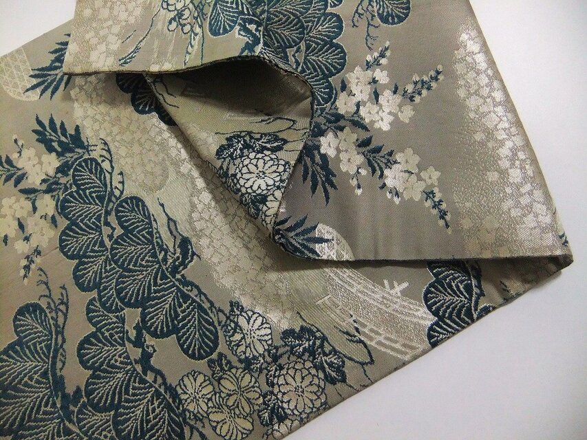16)2210】91cm/アンティーク帯・笠松文様/テーブルセンター/和風・帯