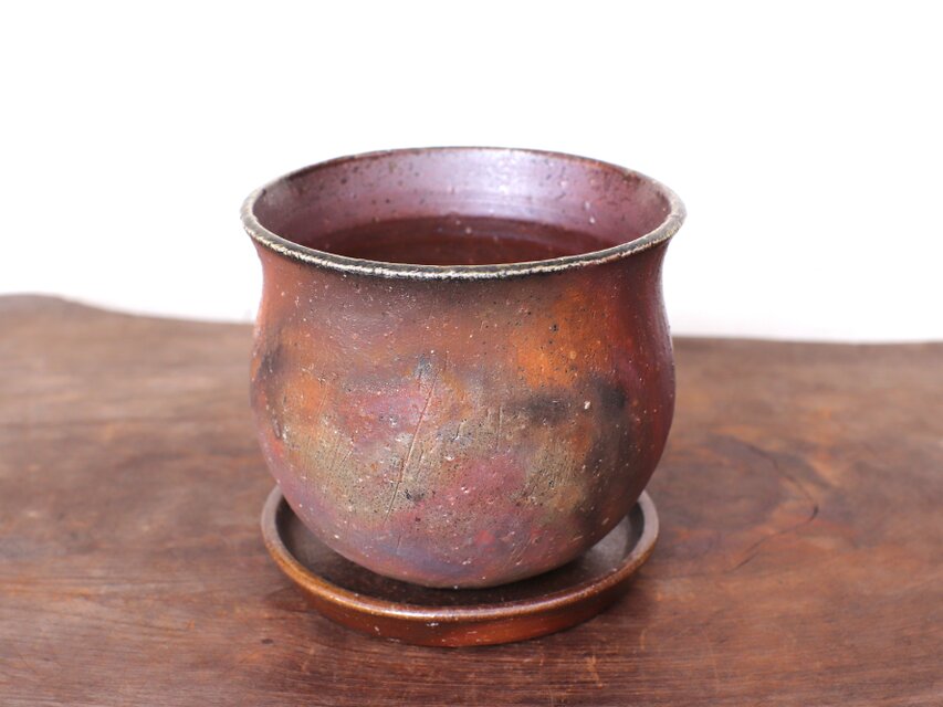 備前焼 植木鉢・サンギリ【受皿付き】 u-075
