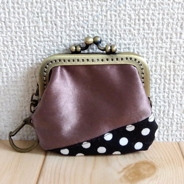 サテン　ミニがま口ポーチキーホルダー　7.5cm口金　アクセサリーケース　コインケース　ドット　ブラウン　　411