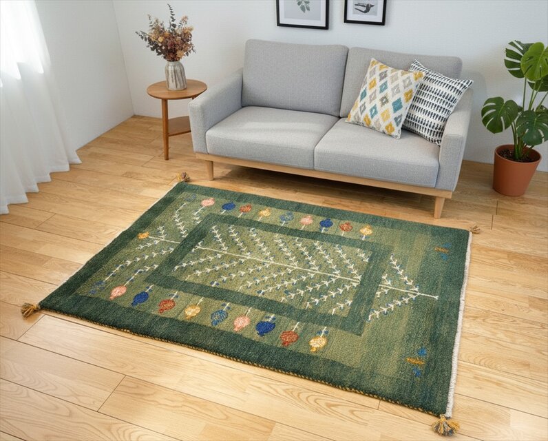 値下げしました】ペルシャ　ギャッベ　ソファー前　ハーフラグ　140x96cm　緑色　ザクロの木　RJ6275