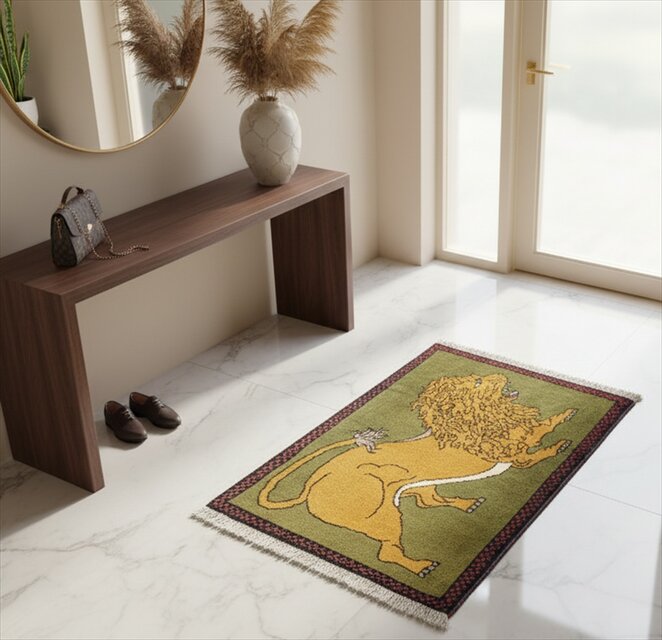 ペルシャ　トライバルラグ　アマレバフト　96×73　アイボリー　ライオン ペルシャ トライバルラグ アマレバフト 96×73 アイボリー