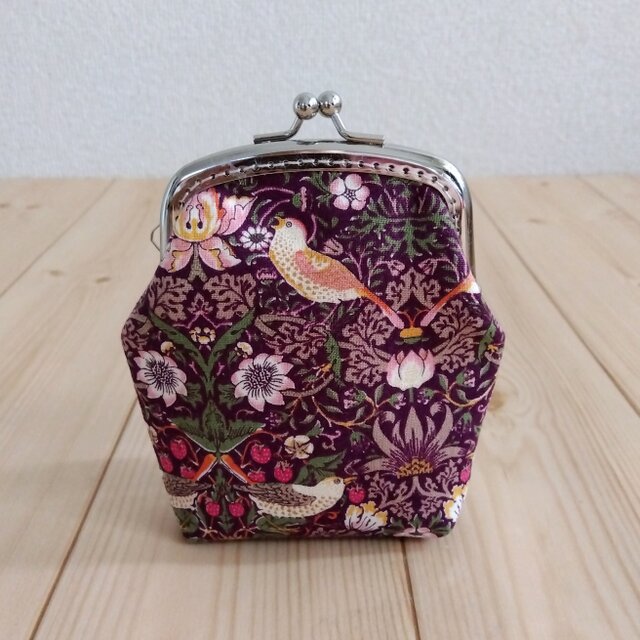 ウィリアムモリス　がま口カードケース　アクセサリーケース　コインケース　8cm口金　いちご泥棒　ワインレッド　　173