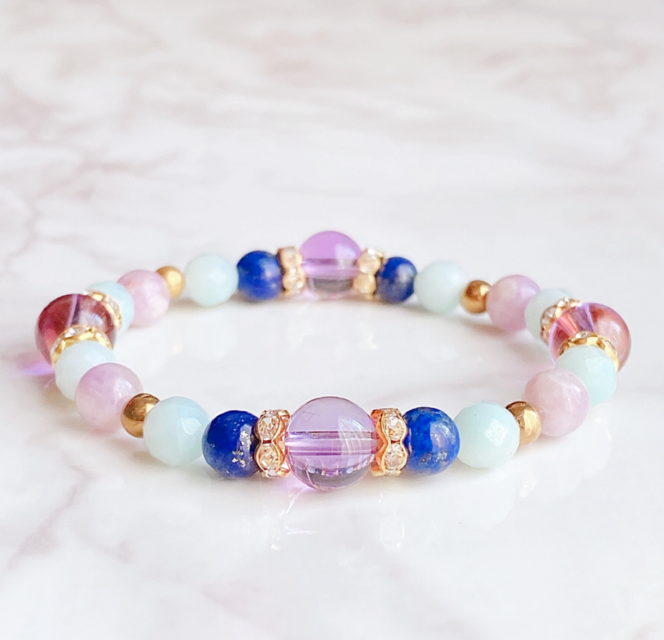 心を安定させ、夢や目標を叶える アメジスト・アマゾナイト・ラピスラズリ 天然石ブレスレット No124再