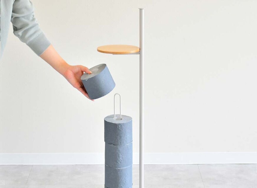 A factory トイレットペーパーホルダー＋テーブル：日本製 スチール 木製 テーブル タワー 省スペース トイレ