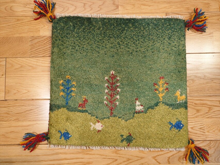 ペルシャ ギャッベ ミニマット ラグ 横40x38㎝ 緑色 黄緑色 風景