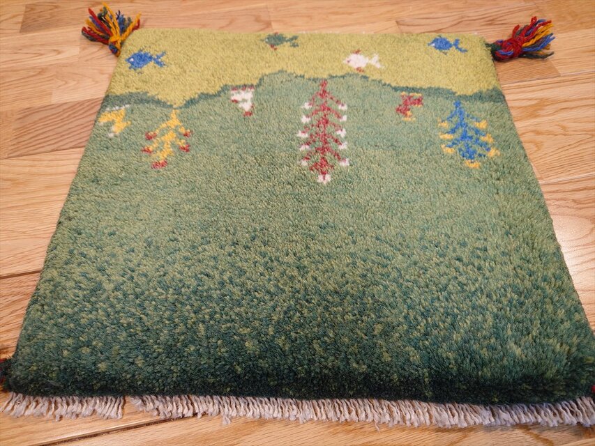 ペルシャ ギャッベ ミニマット ラグ 横40x38㎝ 緑色 黄緑色 風景
