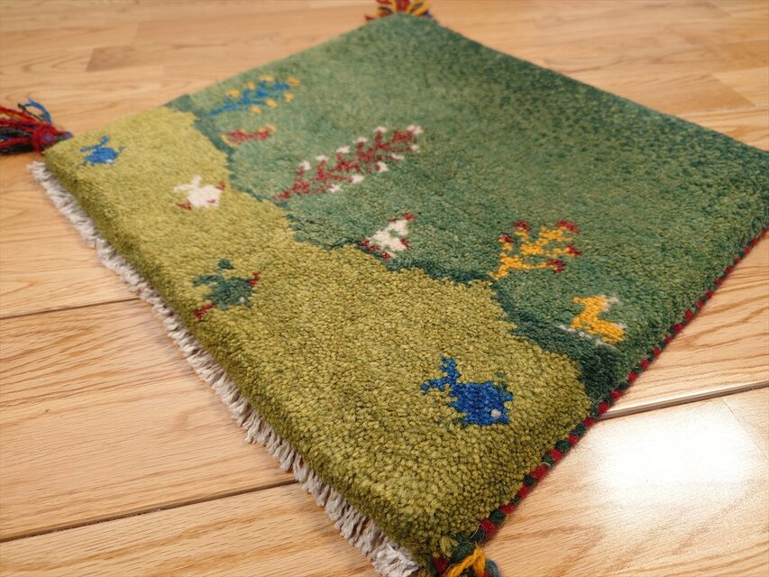 ペルシャ ギャッベ ミニマット ラグ 横40x38㎝ 緑色 黄緑色 風景