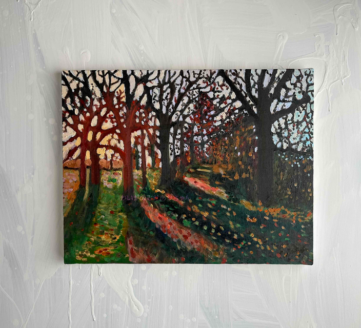 原画・油彩「秋の夕暮れの公園」絵画・F6（32×41㎝）アート