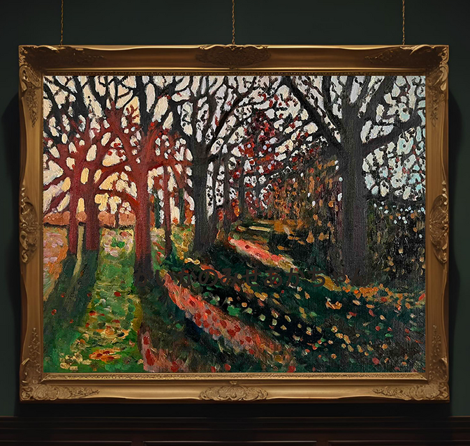 原画・油彩「秋の夕暮れの公園」絵画・F6（32×41㎝）アート