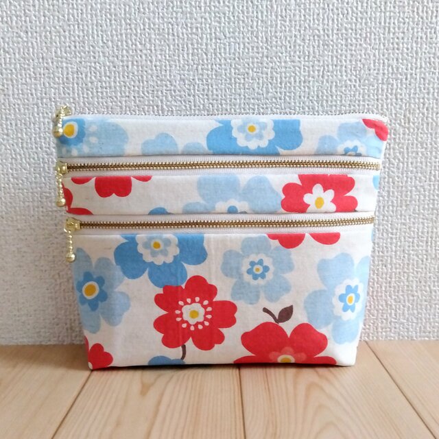 北欧風花柄 4段ファスナーポーチ+ポケット ハンドメイド 大きめ 赤水色 481