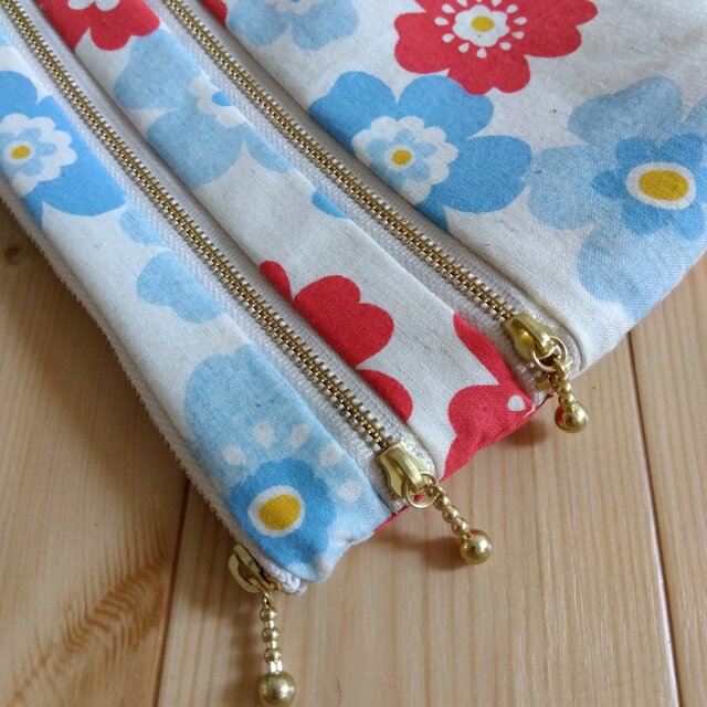 北欧風花柄 4段ファスナーポーチ+ポケット ハンドメイド 大きめ 赤水色 481