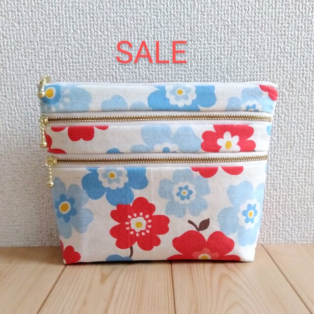 【値下げ】北欧風花柄　4段ファスナーポーチ+ポケット　バッグインバッグ　大きめ　母子手帳・通帳ケース　母の日　赤水色　　481
