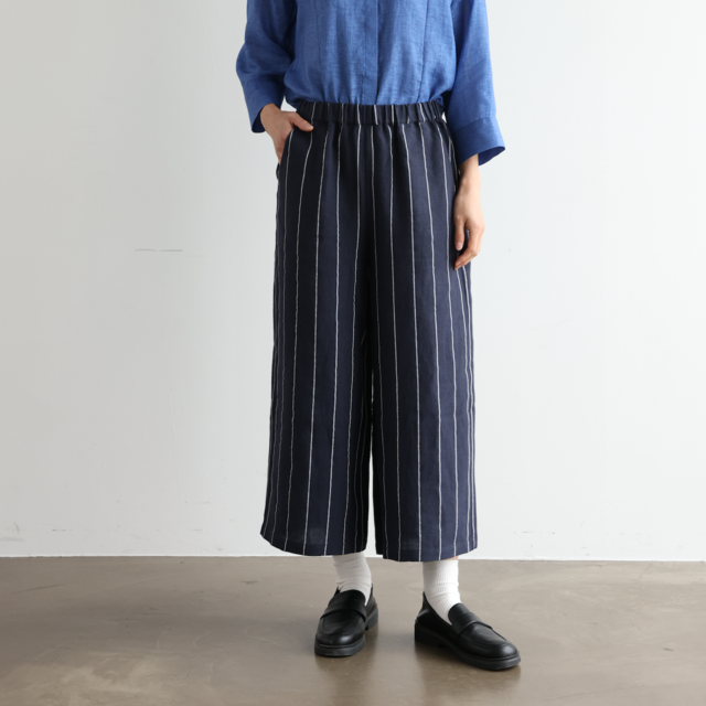 着やせデザインで動きやすさとスタイルアップを両立 オリジナル ストライプワイドパンツ リネン100％　 250405-1