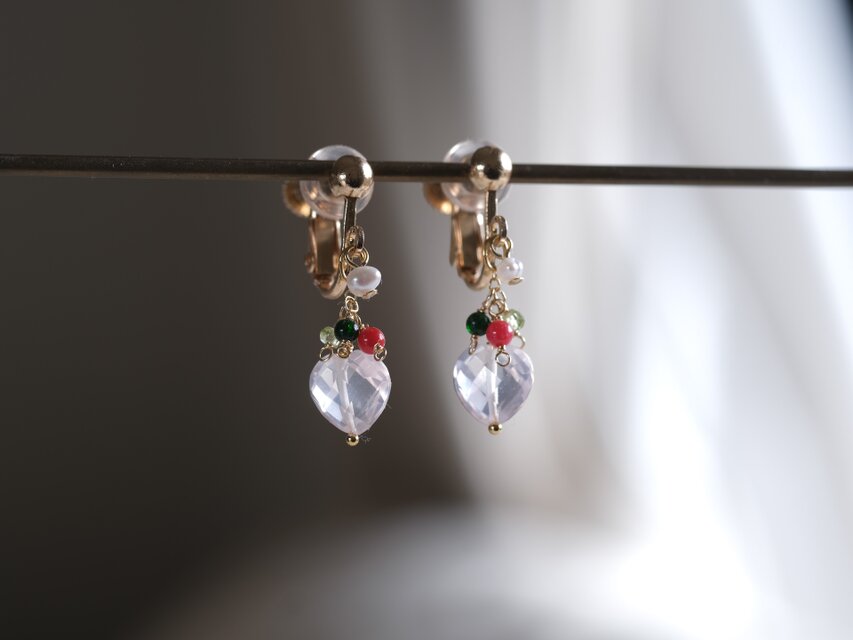 Rose quartz heart earring：天然石ローズクォーツハートピアス・イヤリング
