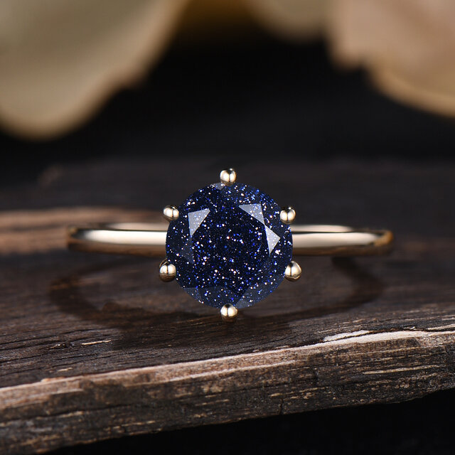 ソリッドイエローゴールドリング 7mm ラウンドカット ブルーサンドストーンリング ソリティアリング