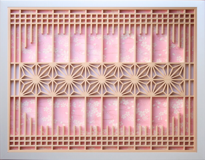 組子アートパネル 【書院障子風 八角面角麻帯 友禅紙＜桜＞】 和風