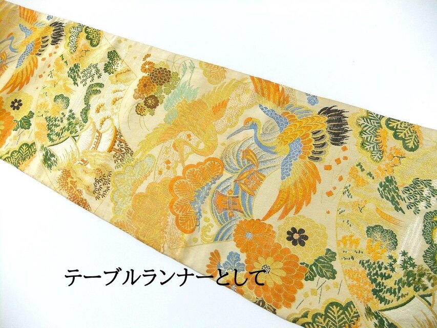 16)2239】190cm/アンティーク帯・鶴吉祥文様/タペストリー・テーブル