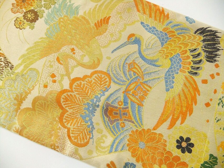 16)2240】98cm/アンティーク帯・鶴吉祥文様/テーブルセンター