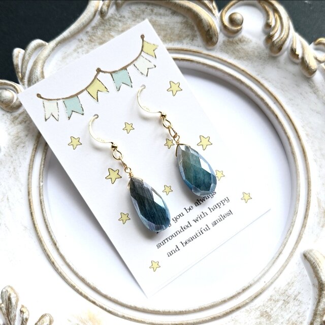 【受注制作】グレー×ブルー ムーンストーン の 雫 ピアス チャーム✩.*˚