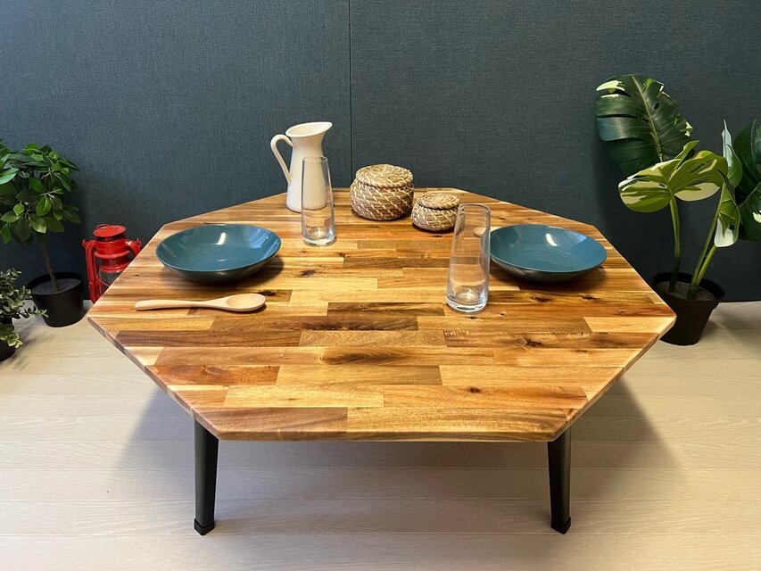 【送料無料】 テーブル 8角形 直径90cm アカシア ブラウン 折り畳み アイアン脚